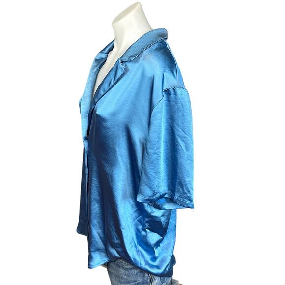 House of Harlow Dusty Blue Satin Oversize Button Down Shirt SMALL Boxy $158 NEW - Picture 5 of 7